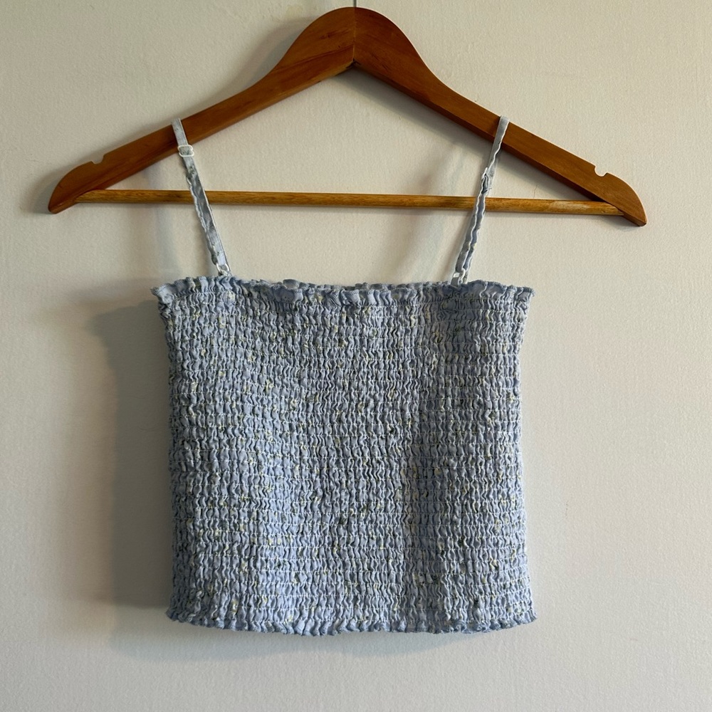 Brandy Melville Light Blue Floral Smocked Cropped Tank Top Size Small EUC - Picture 3 of 5